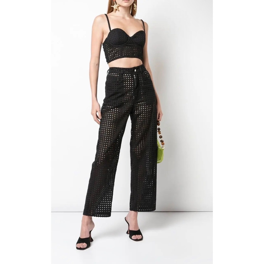 Fleur Du Mal Eyelet Trousers Sz 0 Black EUC High Waisted Wide Leg Luxury Euro